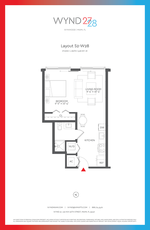 Floor plan for studio, 1 bath, 508 sqft